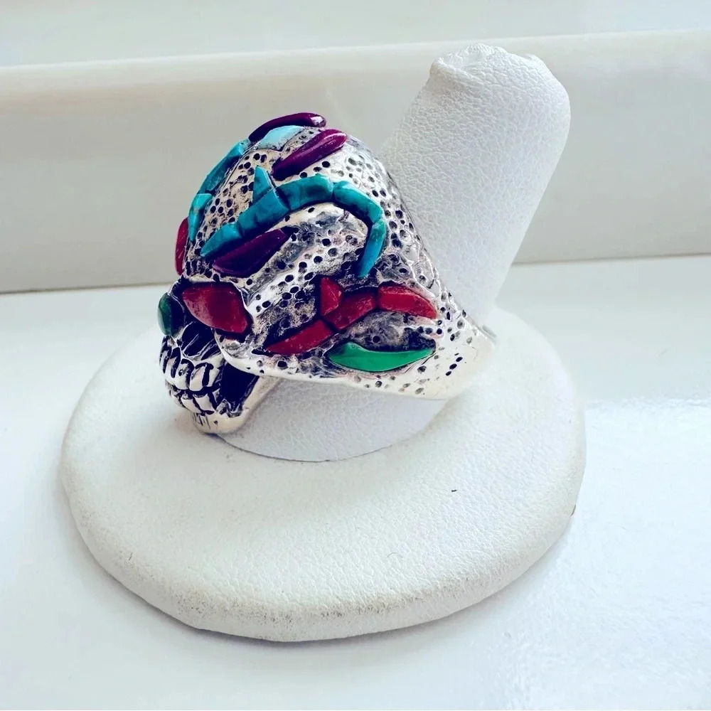 Handmade Sterling Silver & Multi Stone Inlay Skull/Biker/Rocker Ring Size 9.5 - Picture 3 of 7